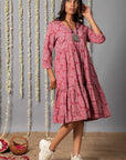 V neck Pink Ajrak Print Graduated Dress