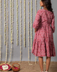 V neck Pink Ajrak Print Graduated Dress