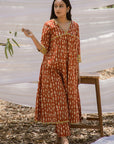 Red Ajrak Print Bahaar Kurta with Straight Pant - Set of 2