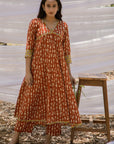 Red Ajrak Print Bahaar Kurta with Straight Pant - Set of 2