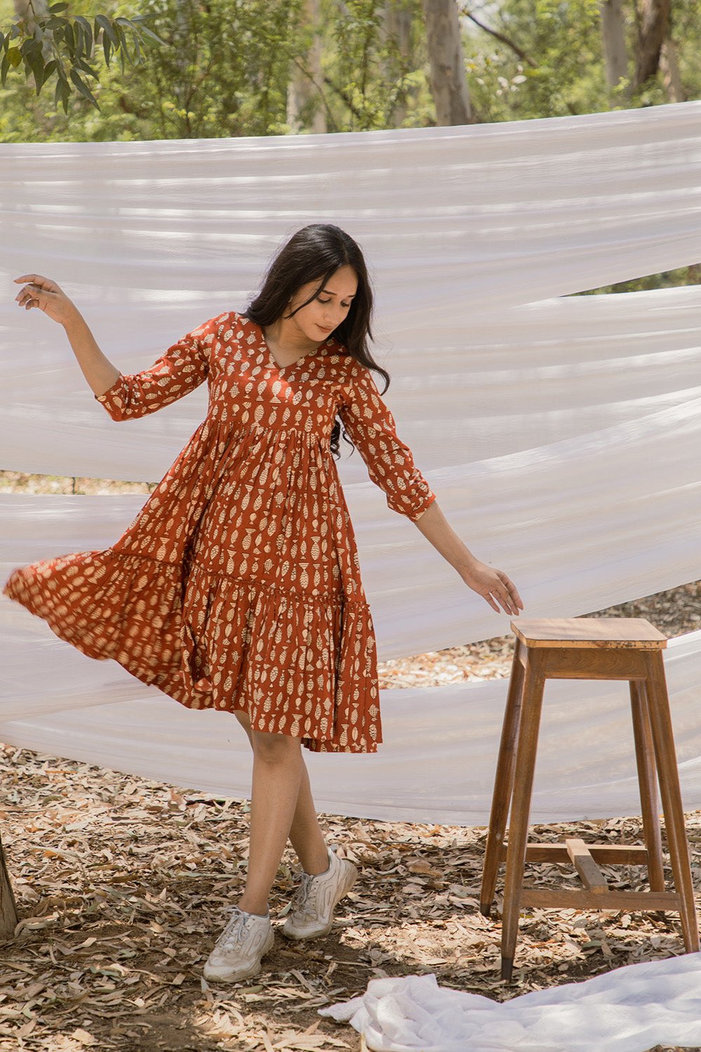V Neck Graduated Red Fish Print Dress