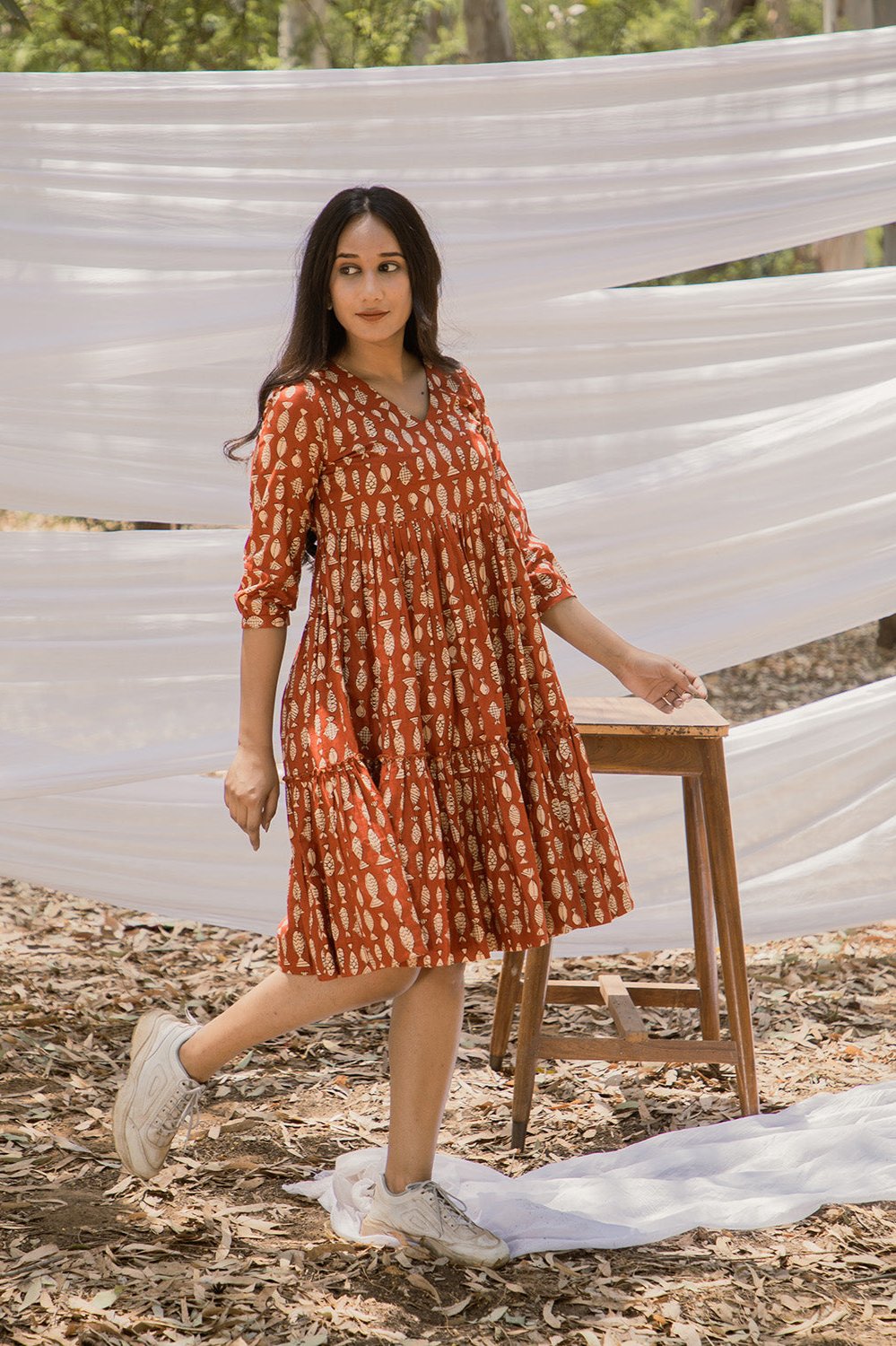 V Neck Graduated Red Fish Print Dress