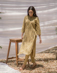 Mustard Ajrak Print Pathani Kurta with Straight Pant