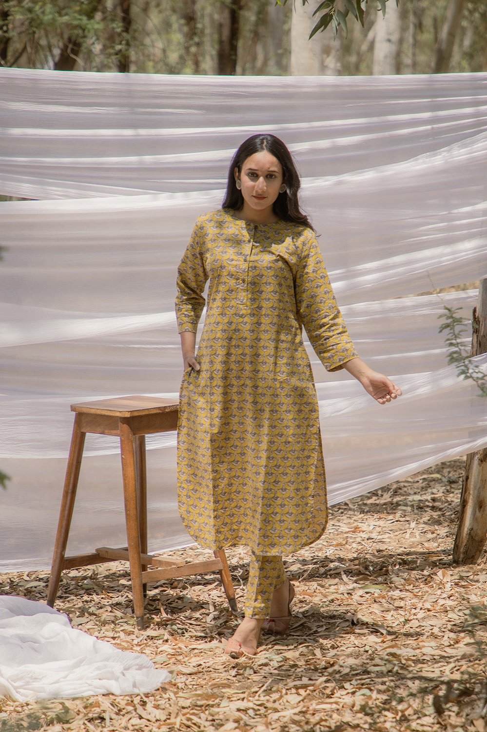 Mustard Ajrak Print Pathani Kurta with Straight Pant