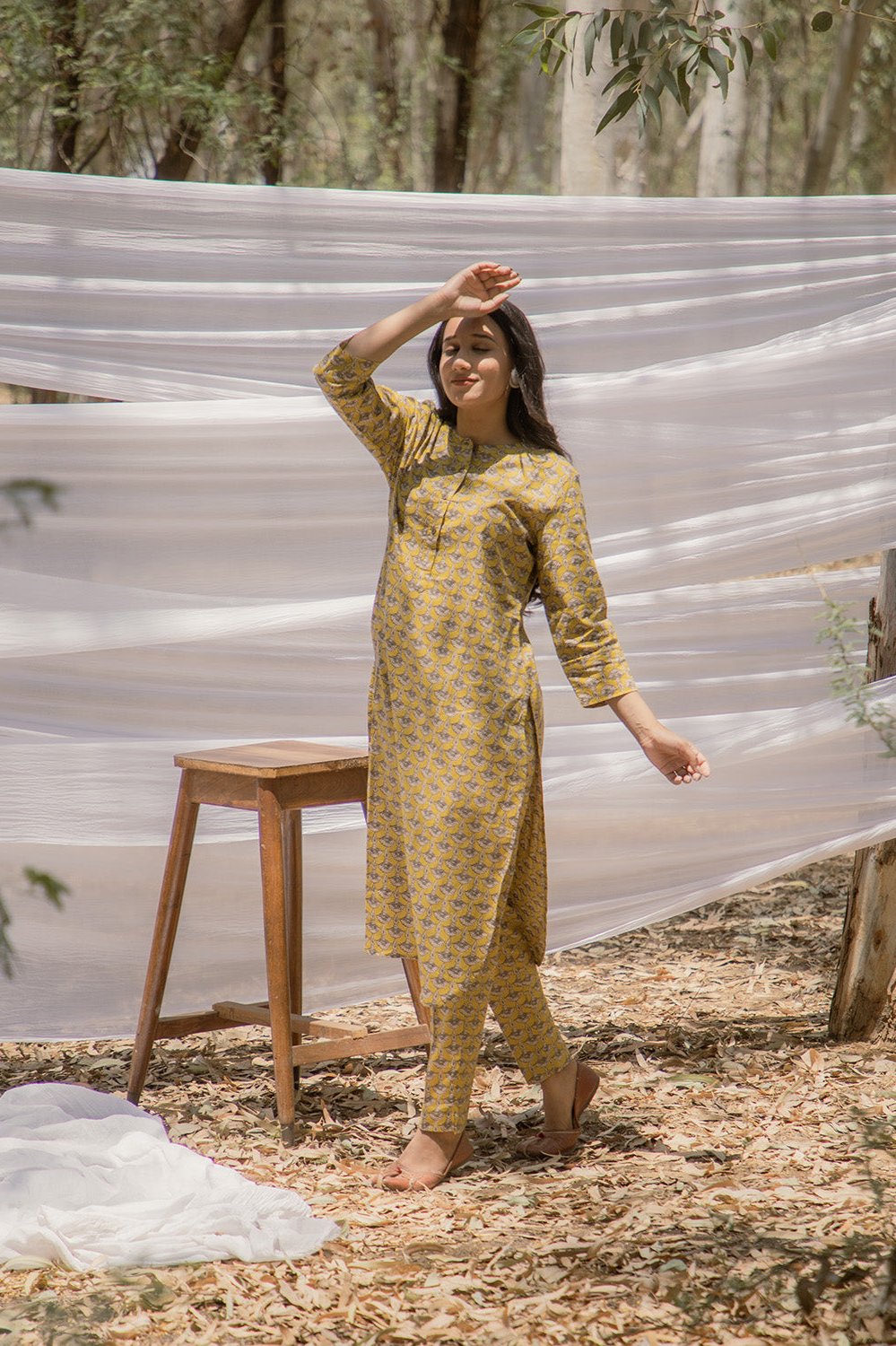 Mustard Ajrak Print Pathani Kurta with Straight Pant
