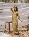 Mustard Ajrak Print Pathani Kurta with Straight Pant
