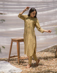 Mustard Ajrak Print Pathani Kurta with Straight Pant