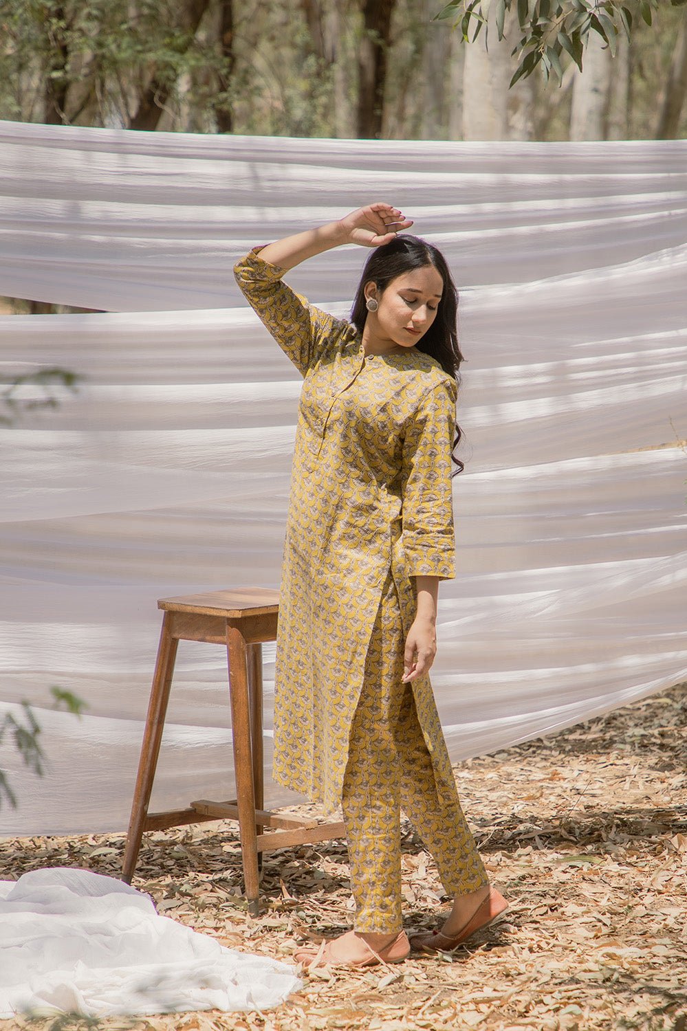 Mustard Ajrak Print Pathani Kurta with Straight Pant