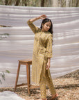 Mustard Ajrak Print Pathani Kurta with Straight Pant