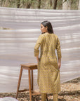 Mustard Ajrak Print Pathani Kurta with Straight Pant
