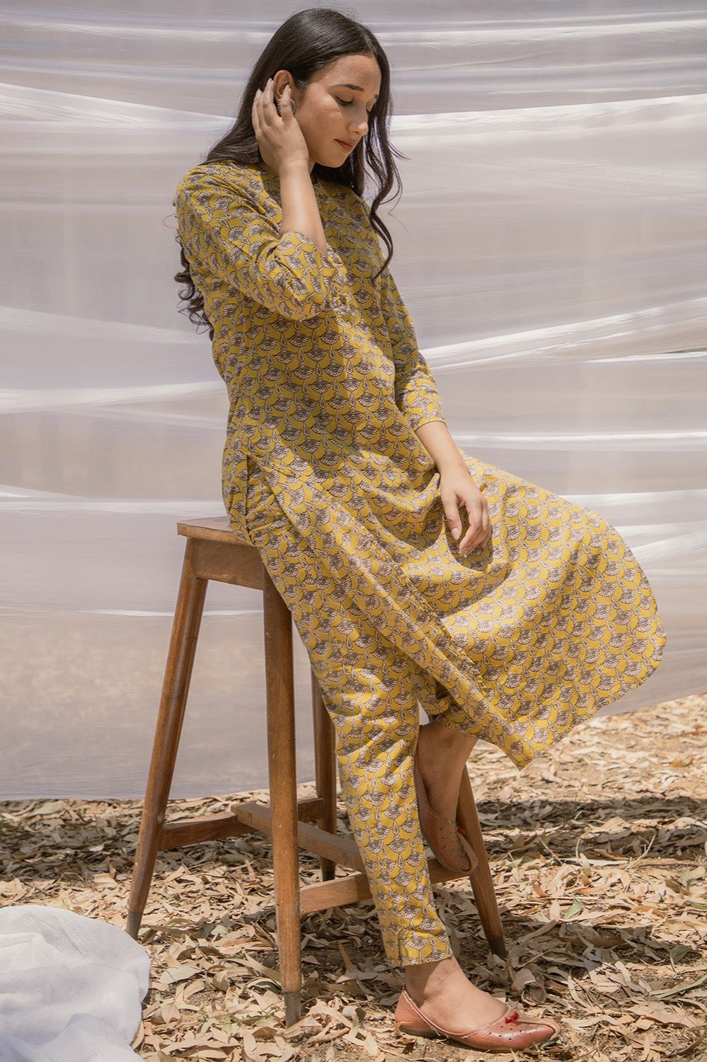 Mustard Ajrak Print Pathani Kurta with Straight Pant