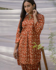 Red Ajrak Short Asymmetrical Kurta with Straight Pant - Set of 2
