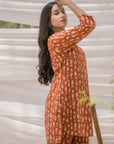 Red Ajrak Short Asymmetrical Kurta with Straight Pant - Set of 2