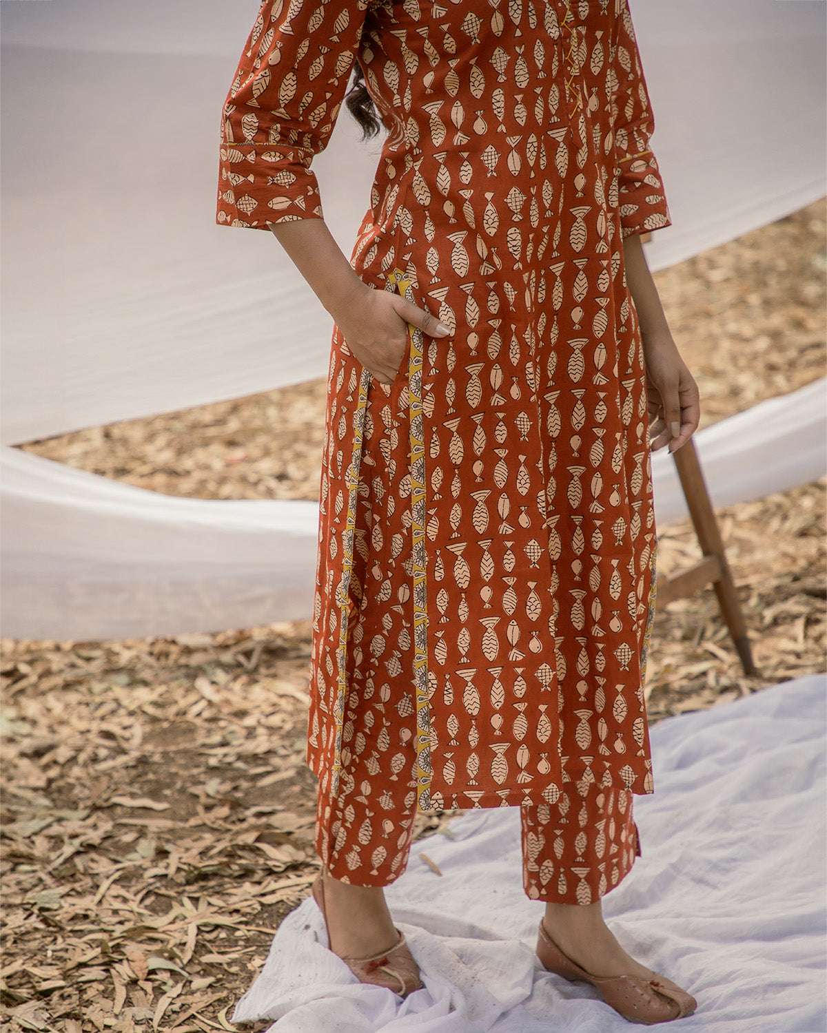 Red Ajrak Print Straight Kurta with Straight Pant - Set of 2