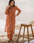 Red Ajrak Collared Shirt Style Long Kurta with Pant - Set of 2