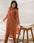 Red Ajrak Collared Shirt Style Long Kurta with Pant - Set of 2