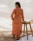 Red Ajrak Collared Shirt Style Long Kurta with Pant - Set of 2