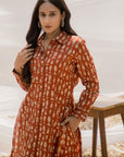 Red Ajrak Collared Shirt Style Long Kurta with Pant - Set of 2