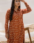 Red Ajrak Collared Shirt Style Long Kurta with Pant - Set of 2