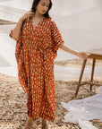 V neck Red Cotton Kaftan