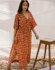 V neck Red Cotton Kaftan