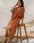 V neck Red Cotton Kaftan