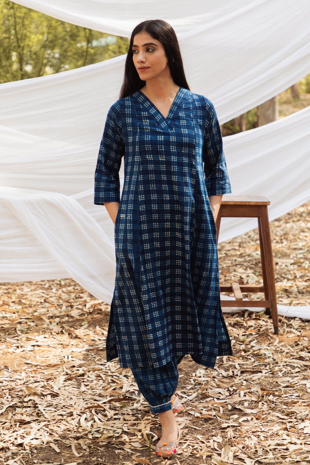 Maira V Neck Indigo A Line Kurta with Harem Pant
