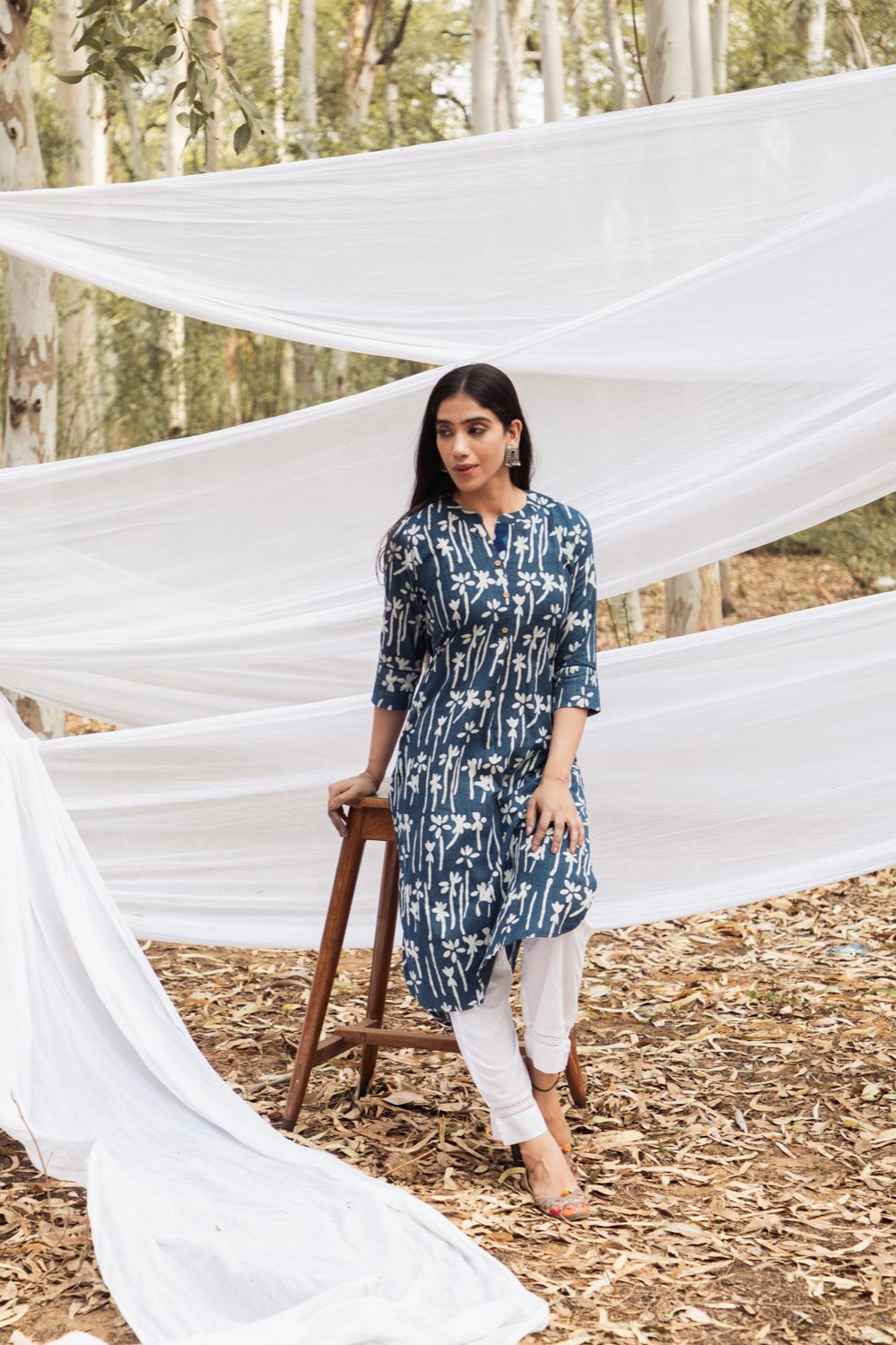 Samiya Handblock Indigo Floral Long Kurta with White Pant - Set of 2