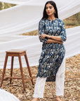 Samiya Handblock Indigo Floral Long Kurta with White Pant - Set of 2
