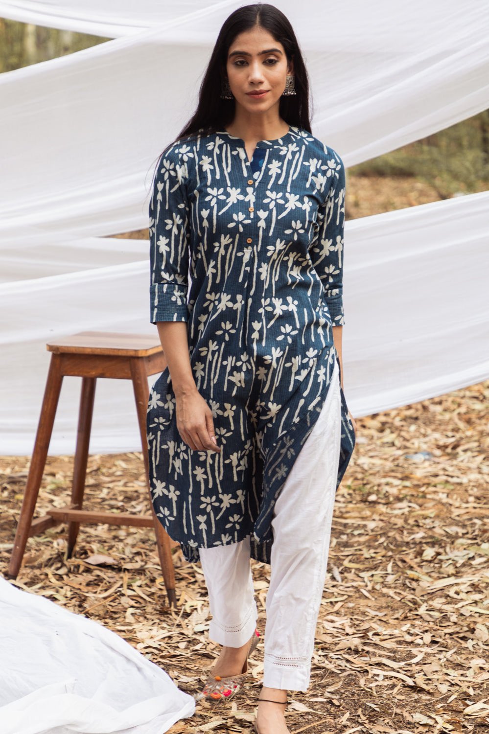 Samiya Handblock Indigo Floral Long Kurta with White Pant - Set of 2