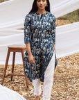 Samiya Handblock Indigo Floral Long Kurta with White Pant - Set of 2