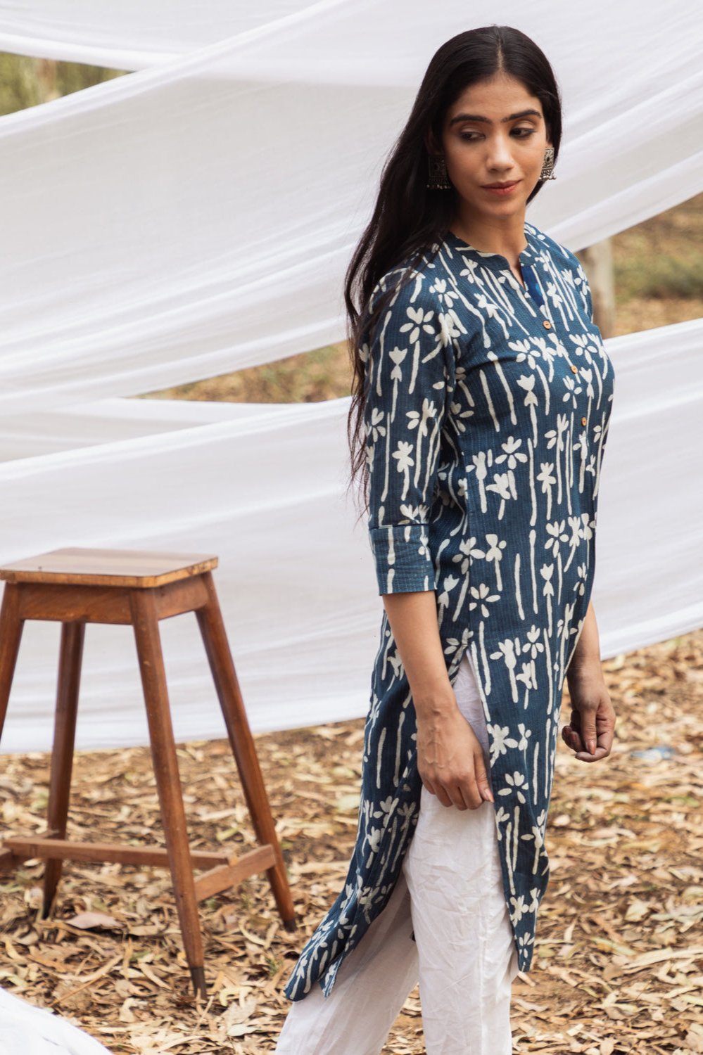 Samiya Handblock Indigo Floral Long Kurta with White Pant - Set of 2