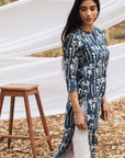 Samiya Handblock Indigo Floral Long Kurta with White Pant - Set of 2