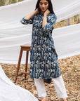 Samiya Handblock Indigo Floral Long Kurta with White Pant - Set of 2