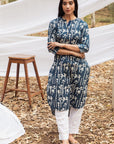 Samiya Handblock Indigo Floral Long Kurta with White Pant - Set of 2