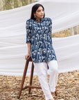Floral Handblock Indigo Short Samiya Kurta with White Pant Set