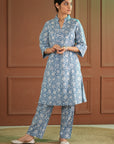Rozana Printed Blue Kurta & Pant - Set of 2