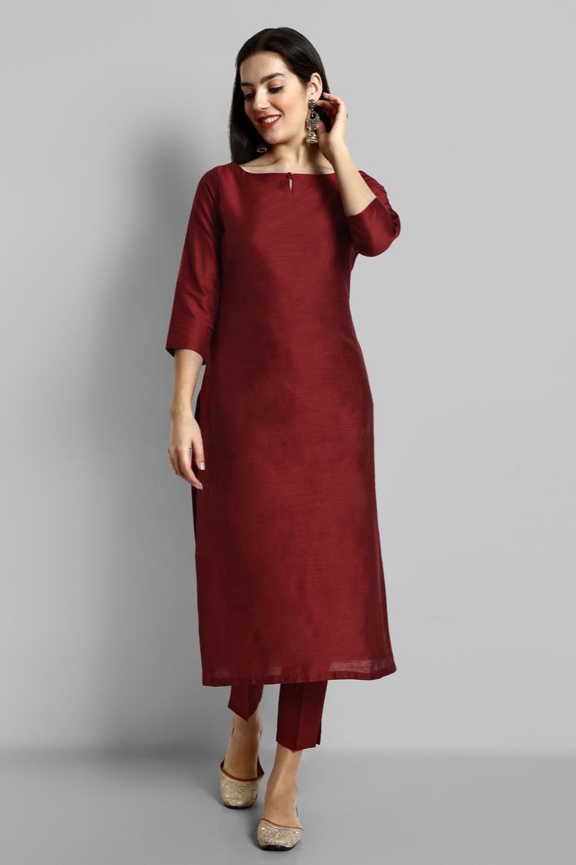 Deep Red Key Hole Boat Neck Kurta – Mera Rang - Main Image