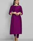 Purple Boat Neck Kurta & Elasticated Pant - Set of 2
