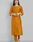 Mustard Cotton Silk Kurta with Elasticated Pant - Set of 2