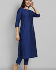 Ink Blue Cotton Silk Boat Neck Kurta
