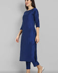 Ink Blue Cotton Silk Boat Neck Kurta