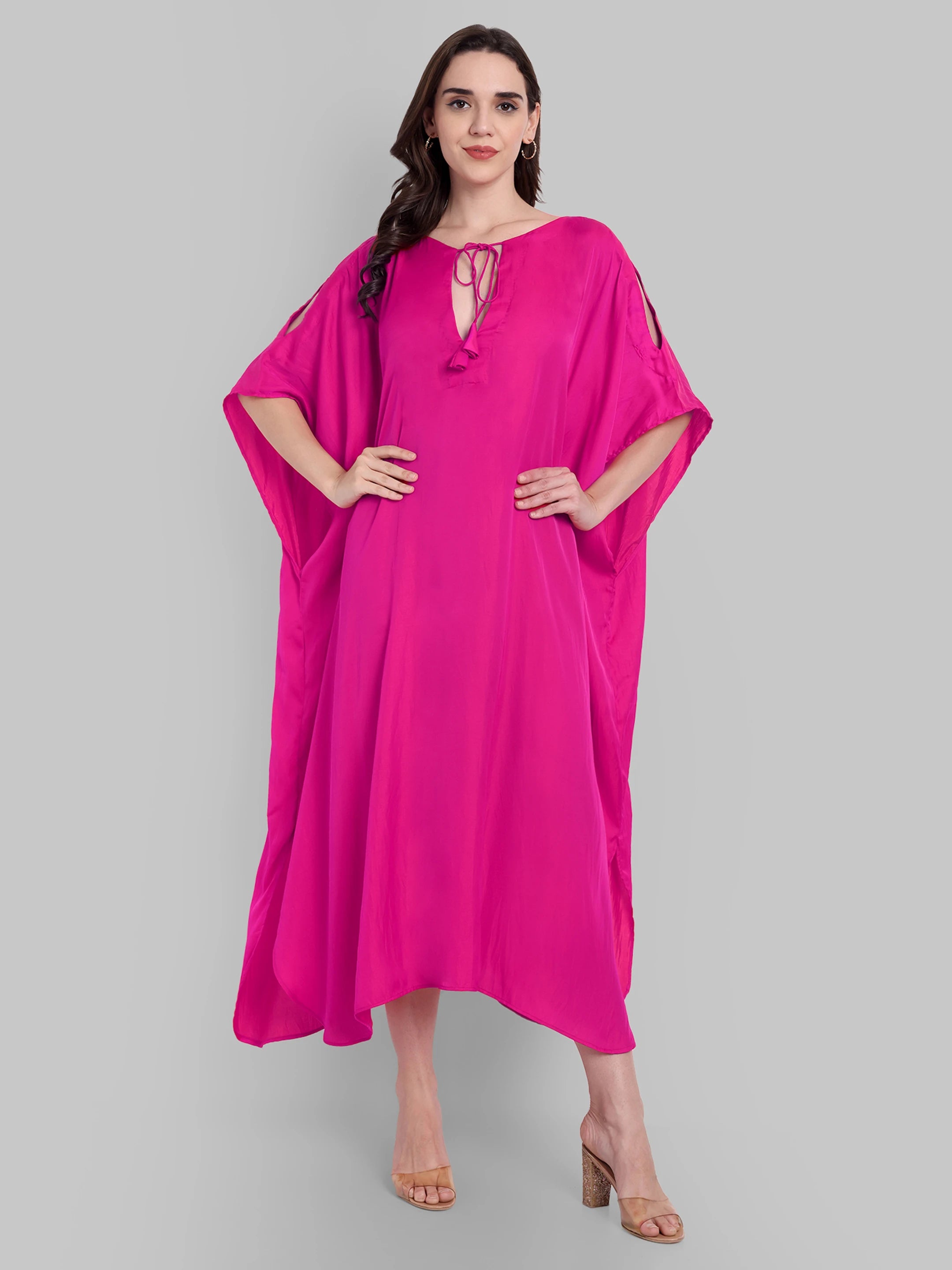 Hot Pink Satin Kaftan with Tie-Up Neckline Mera Rang Hot Pink Satin Kaftan with Tie-Up Neckline Mera Rang