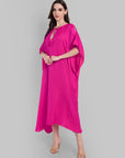 Hot Pink Satin Kaftan with Tie-Up Neckline