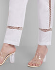 Classic White Straight-Fit Pants with Delicate Lace Inlays