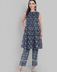 Indigo Floral Printed Sleeveless Kurta with Geometric Lace-Detail Pants