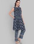 Indigo Floral Printed Sleeveless Kurta with Geometric Lace-Detail Pants