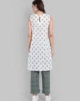 White Sleeveless Pintuck Kurta with Green Tapered Pants - Set of 2