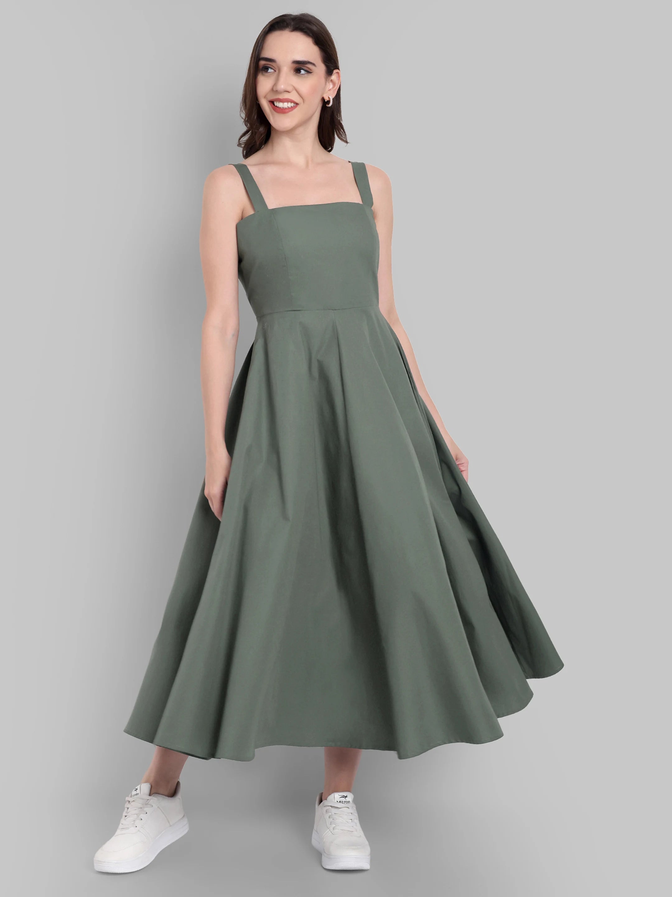 Olive Green Sleeveless A-Line Midi Dress Mera Rang Olive Green Sleeveless A-Line Midi Dress Mera Rang