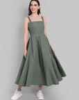 Olive Green Sleeveless A-Line Midi Dress